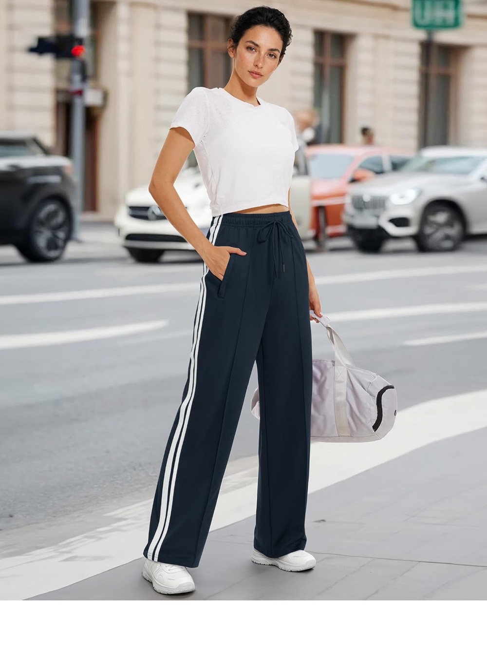 Wide-Leg Track Pants with Side Stripes - Navy